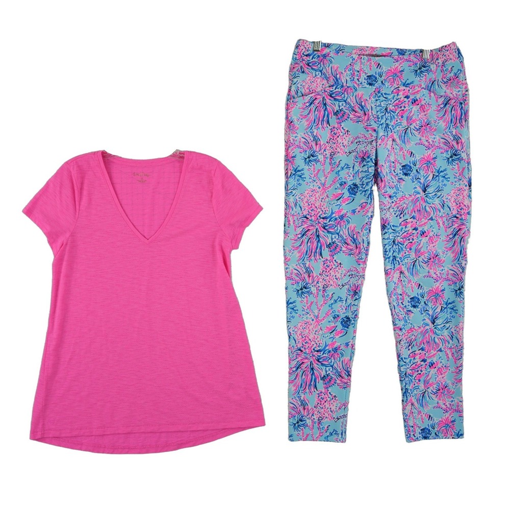 Lilly Pulitzer Luxletic Set Womens Size Medium 8 Pink Top Blue Seahorse Leggings